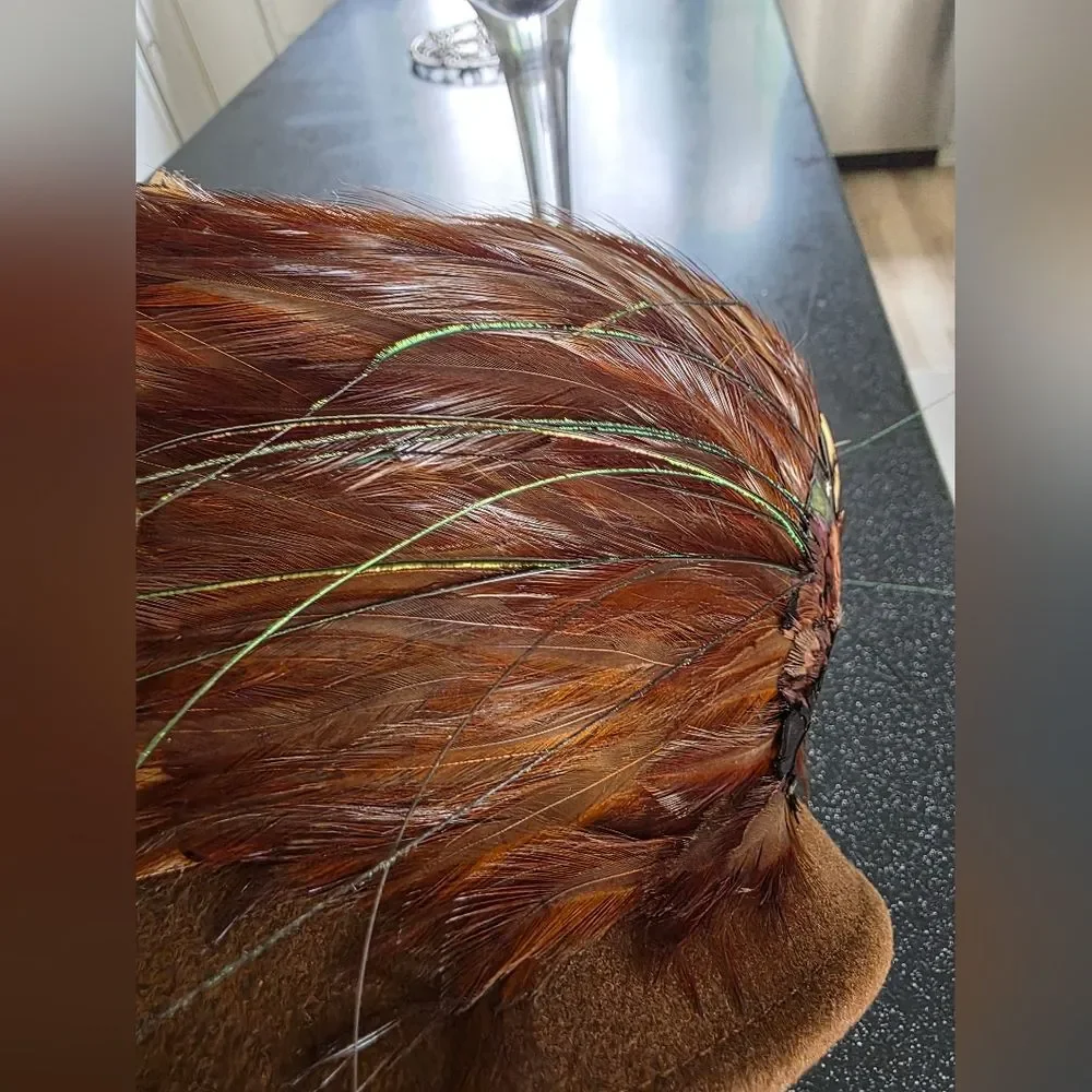 Vtg Peacock Feather Pheasant Hat B. Michael Mysha Brown Felt 21' Derby Racetrack - Picture 12 of 14